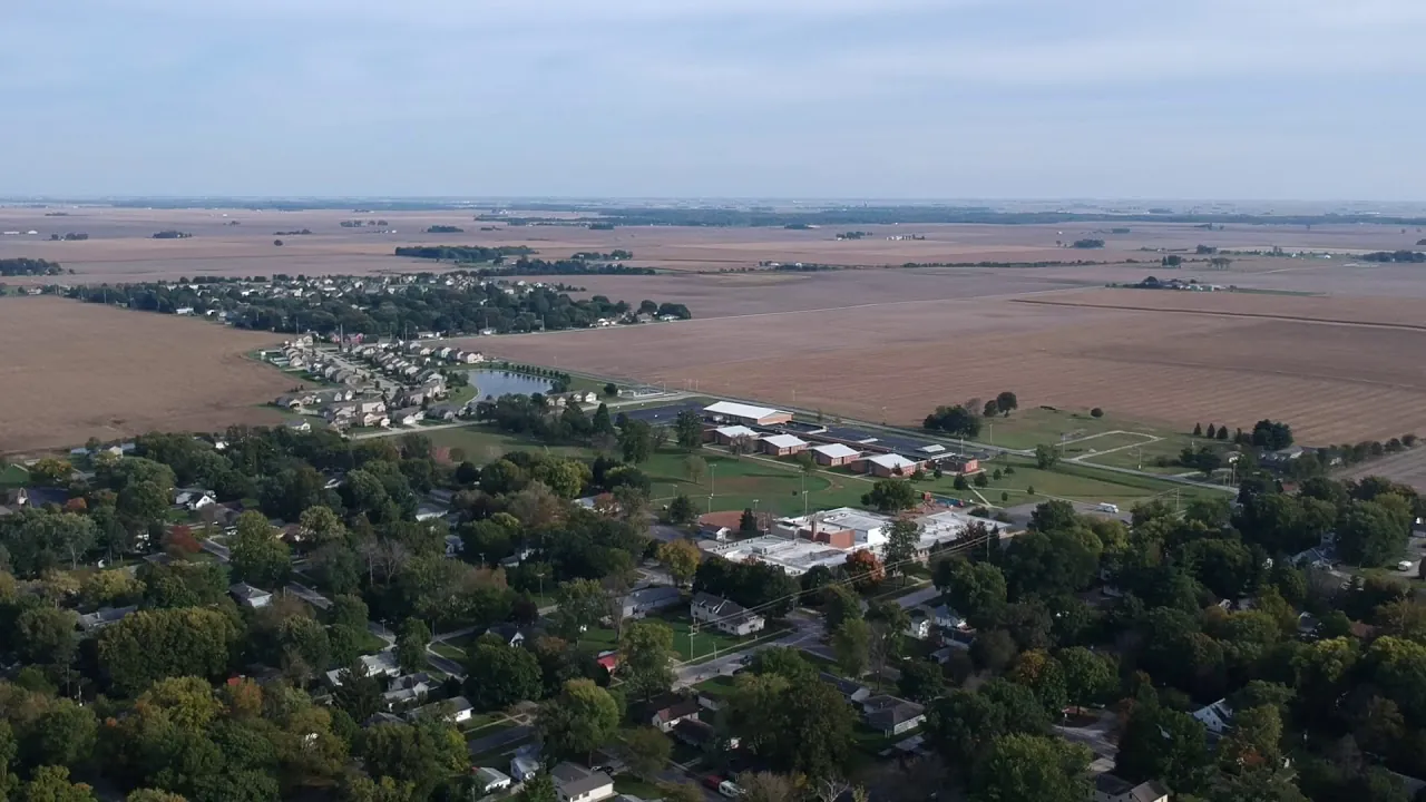 Aerial view of St. Joseph, Illinois and the surrounding farm fields